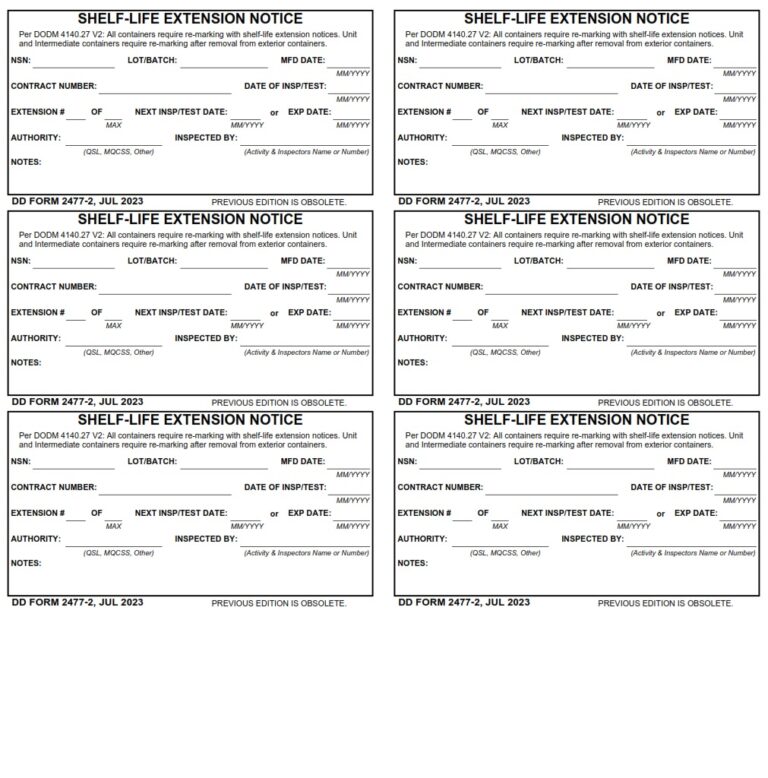 DD Form 24772 ShelfLife Extension Notice (5" X 3") Free Online Forms