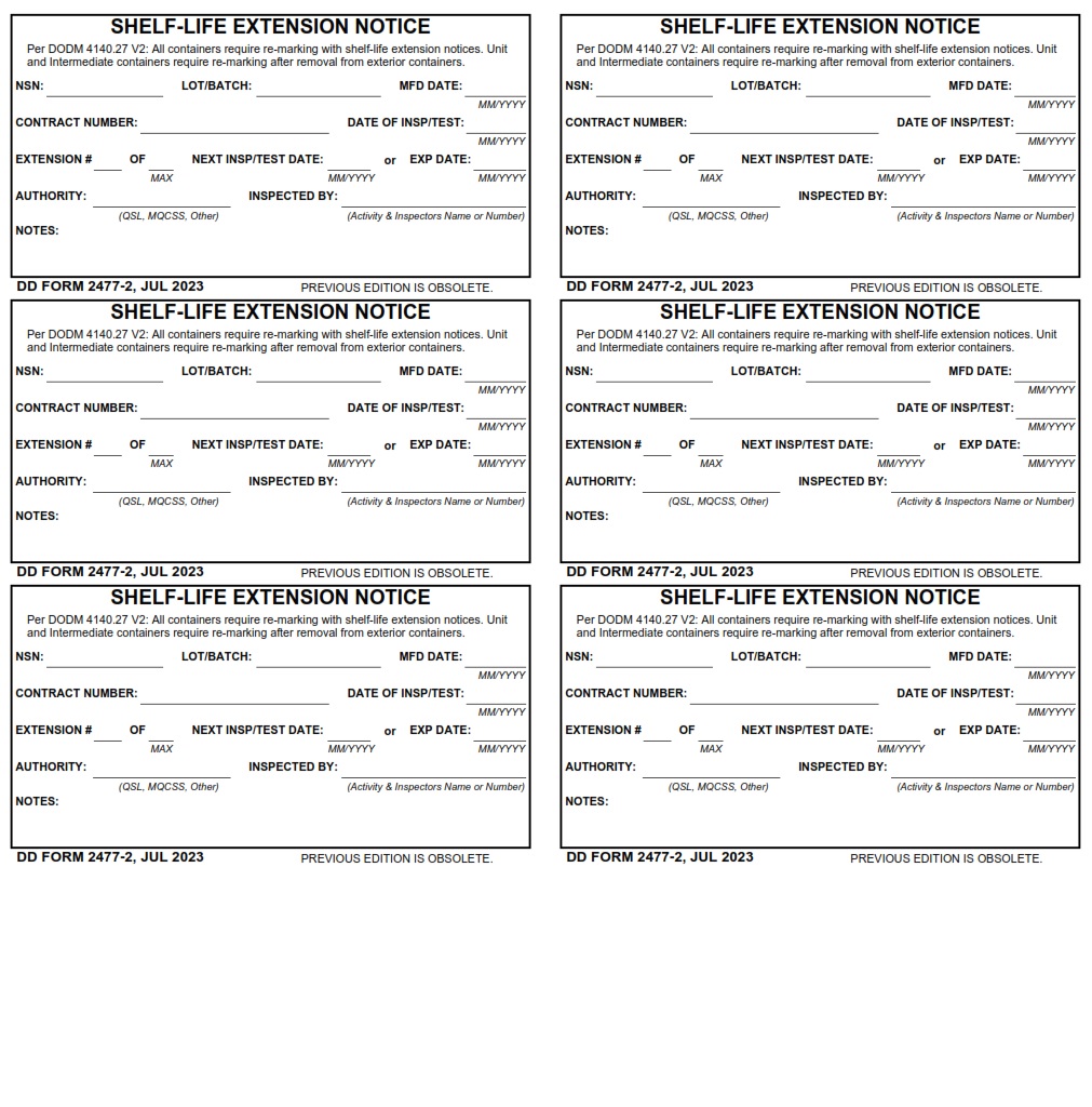DD Form 2477 2 Shelf Life Extension Notice 5 X 3 Free Online Forms