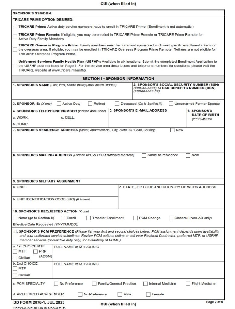 DD Form 2876-1 - TRICARE Prime Enrollment, Disenrollment And Primary ...