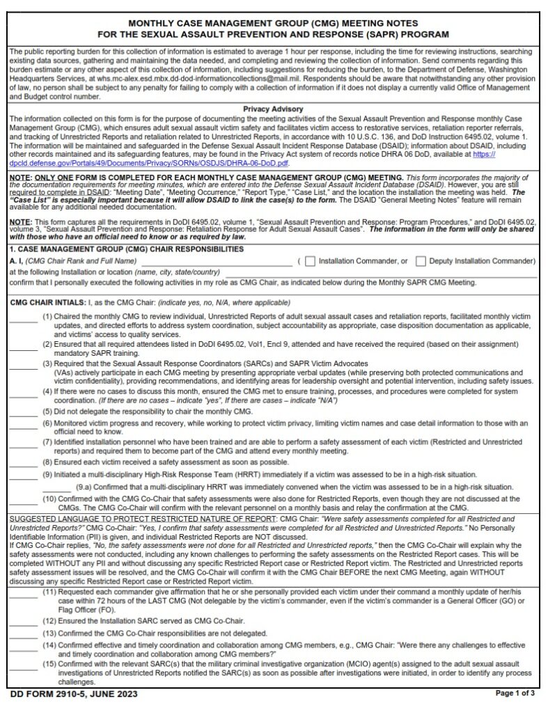 DD Form 2910-5 - Monthly Case Management Group (CMG) Meeting Notes For ...