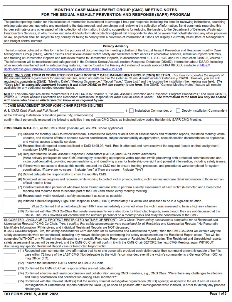 DD Form 2910 5 Monthly Case Management Group CMG Meeting Notes For