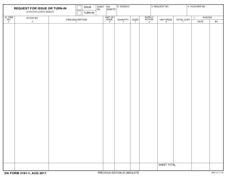 DA Form 31611 Request For Issue And TurnIn (Continuation Sheet