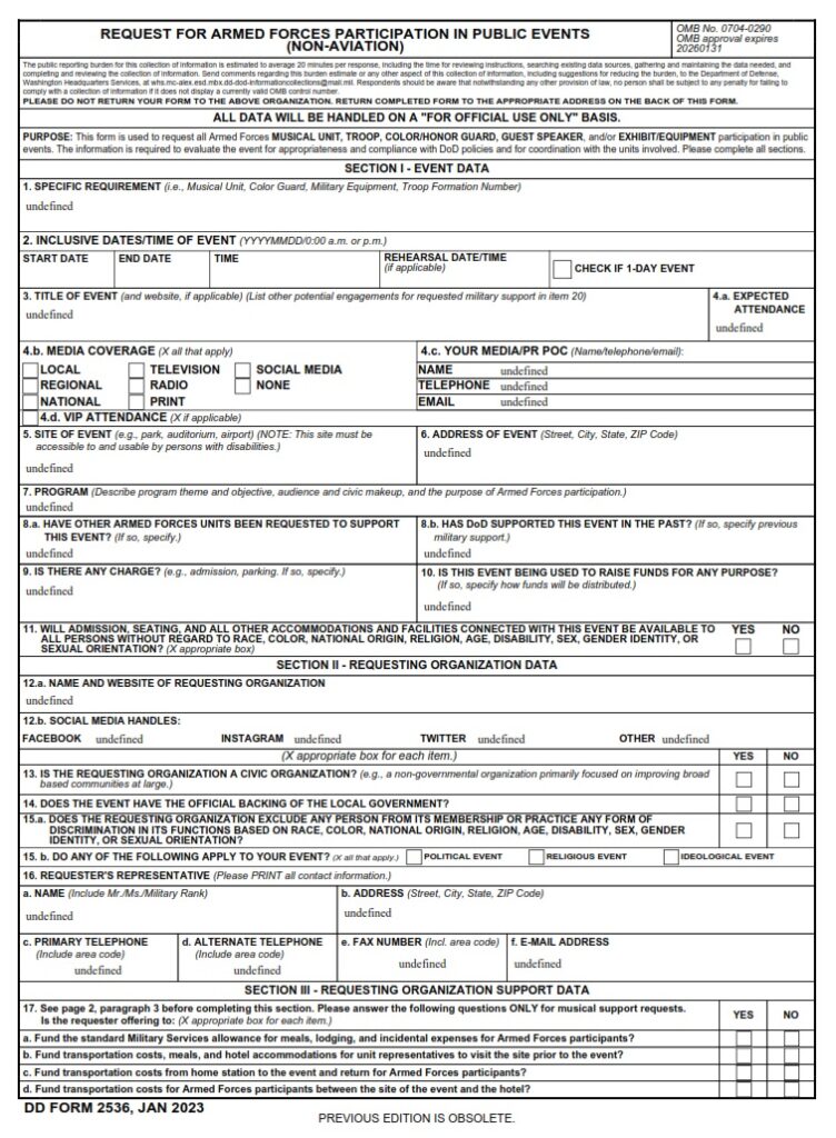DD Form 2536 - Request For Armed Forces Participation In Public Events ...
