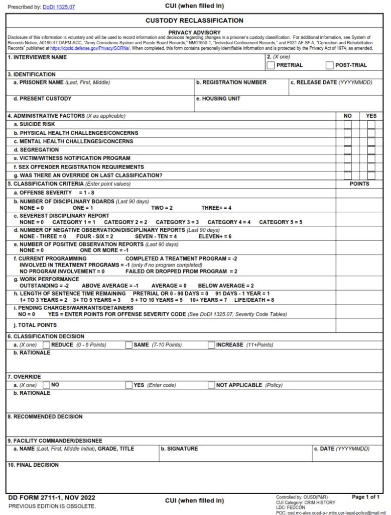 DD Form 2711-1 - Custody Reclassification | Free Online Forms