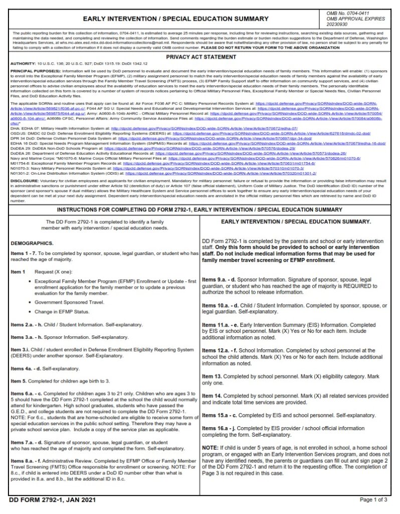 DD Form 2792-1 - Early Intervention / Special Education Summary | Free ...