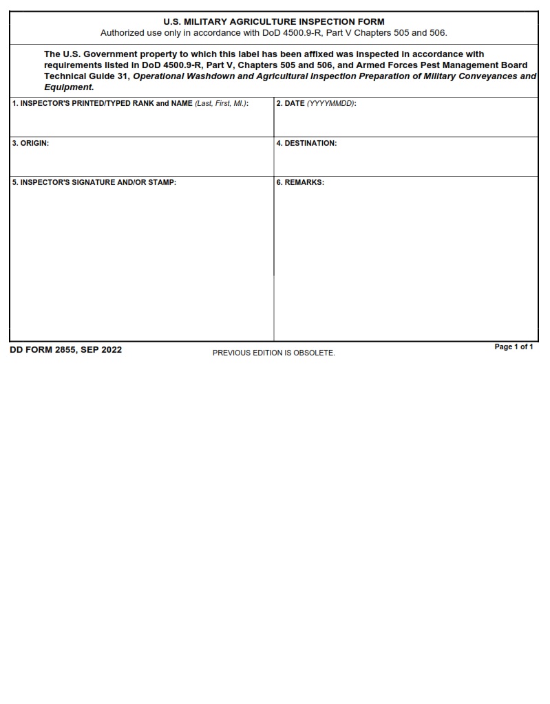 DD Form 2855 - U.S. Military Agriculture Inspection Form | Free Online ...