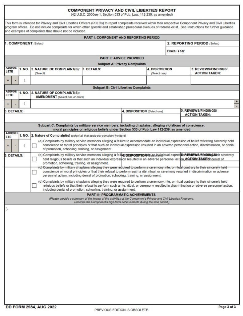 Dd Form 2984 - Component Privacy And Civil Liberties Report 