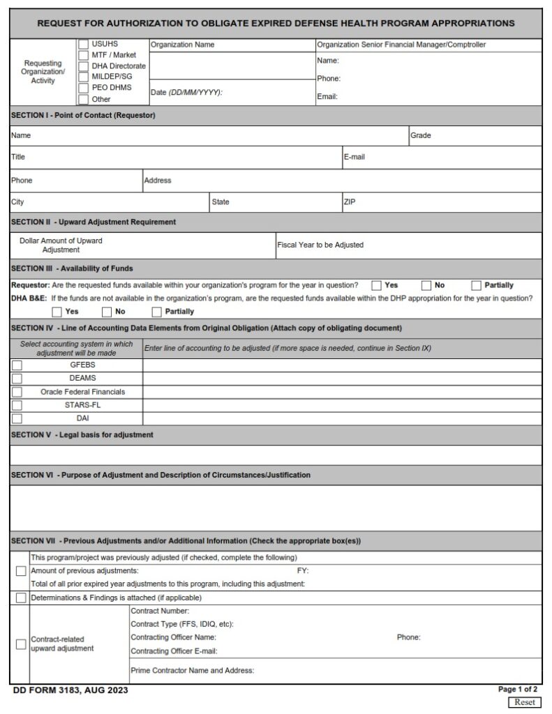 DD Form 3183 - Request For Authorization To Obligate Expired Defense ...