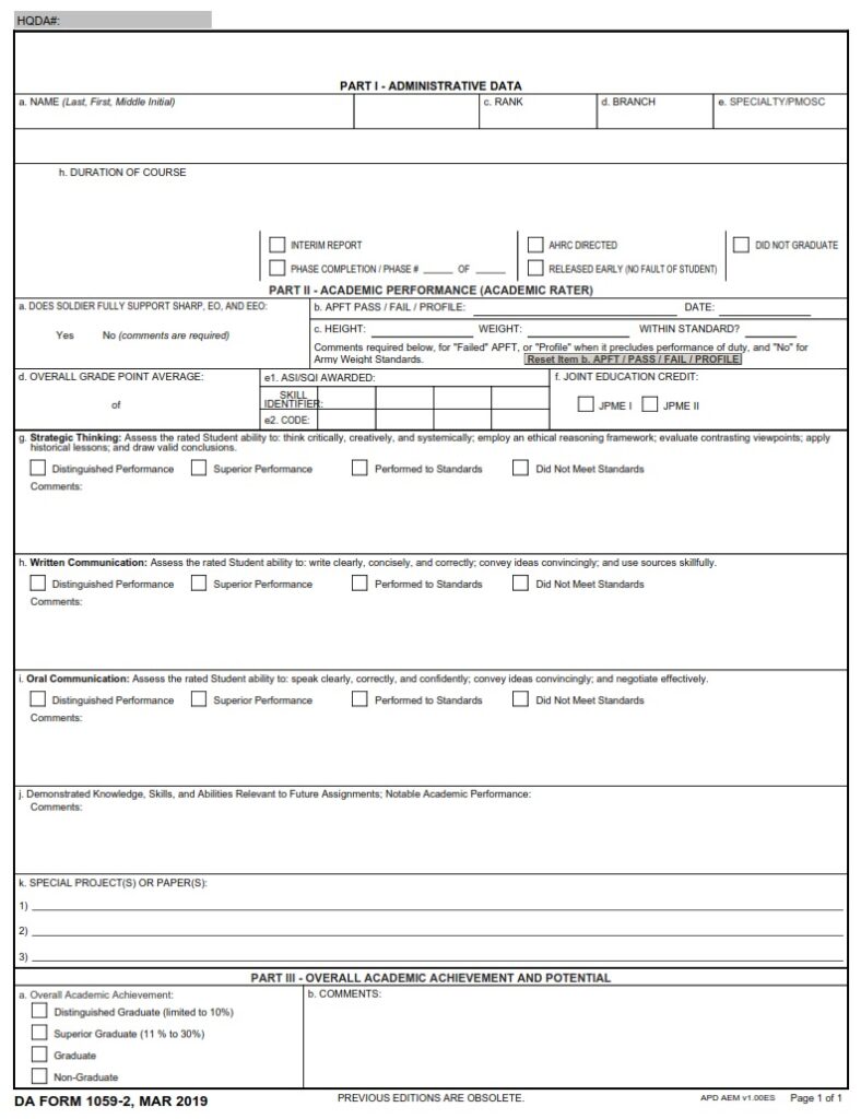 DA Form 1059-2 - Senior Service And Command And General Staff College ...