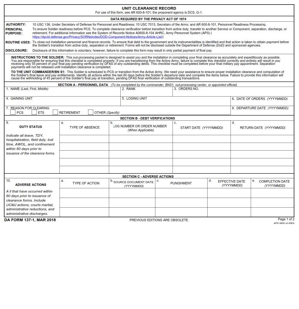 DA Form 137-1 - Page 1