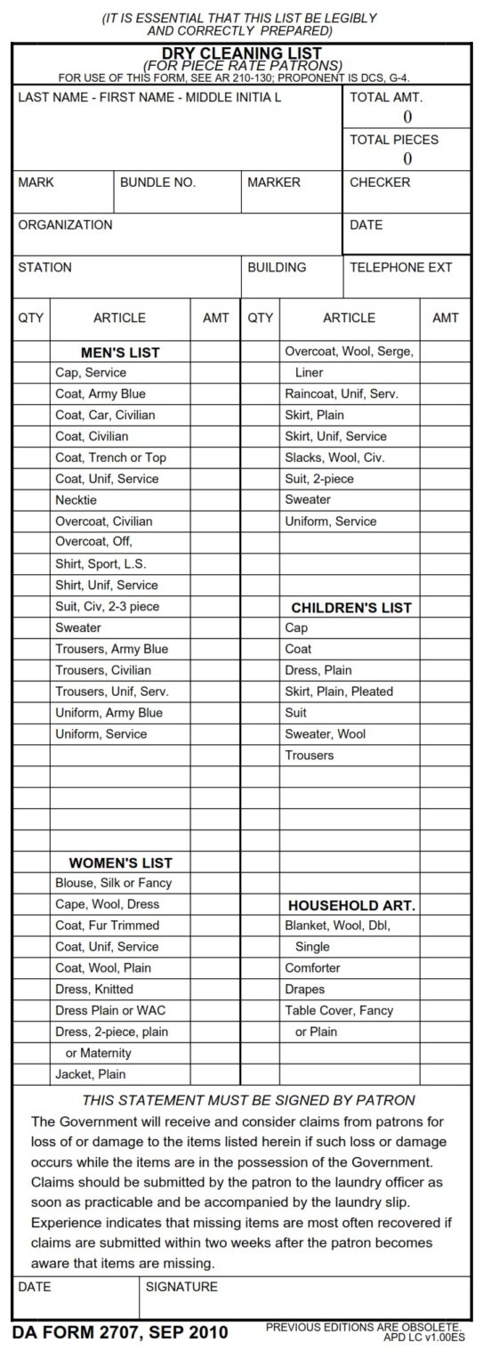 DA Form 2707 - Dry Cleaning List (For Piece Rate Patrons) | Free Online ...