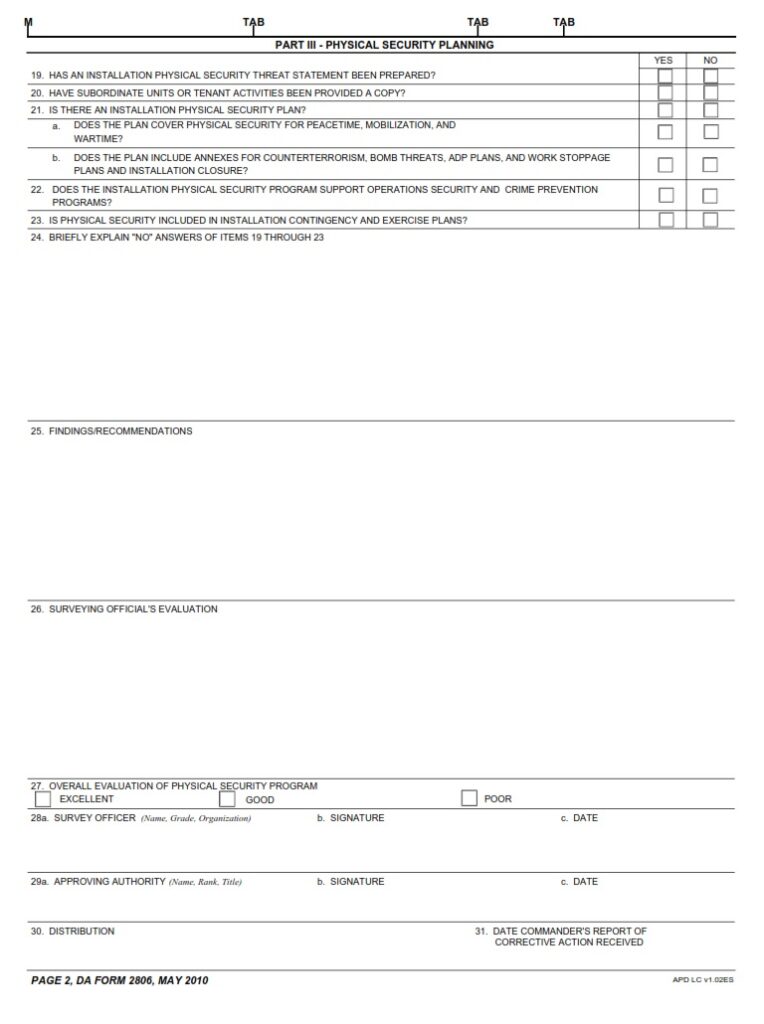 Da 701 DA Form 2806 - Physical Security Survey Report | Free Online Forms