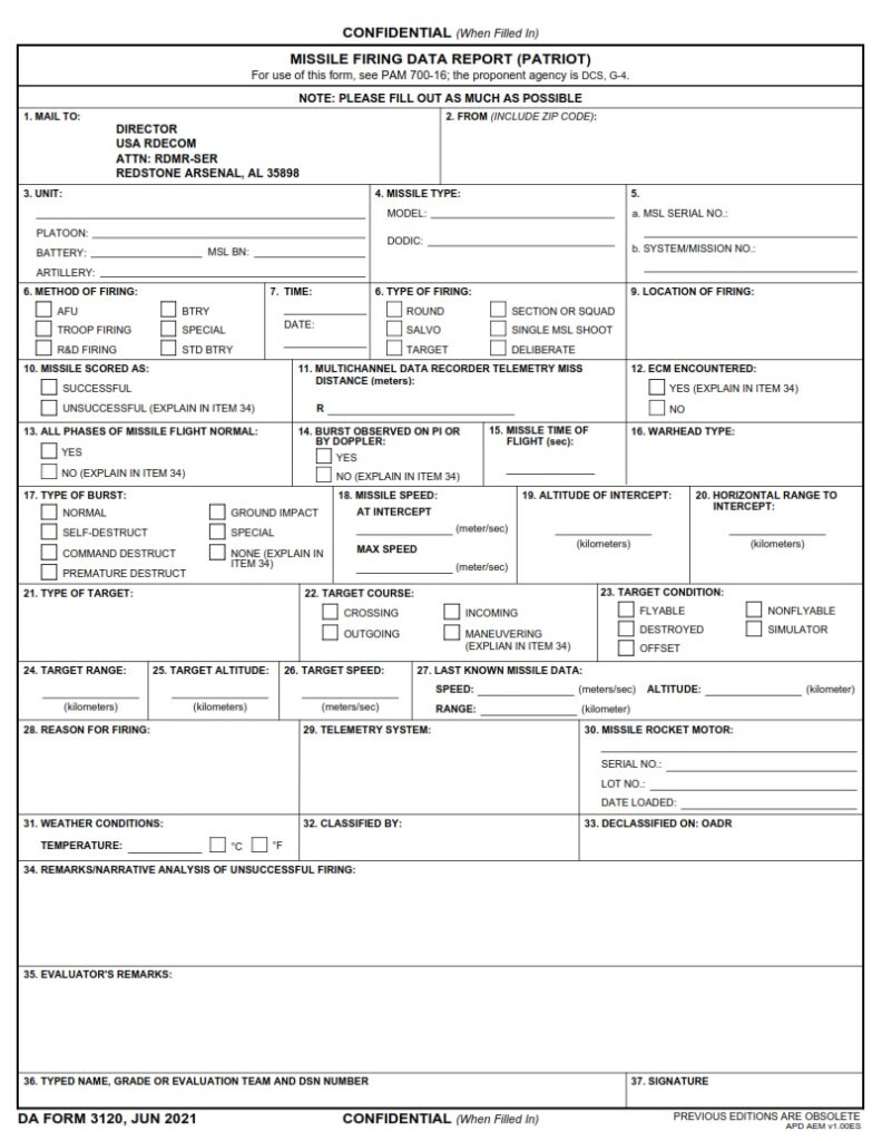 DA Form 3120 - Missile Firing Data Report (Patriot) | Free Online Forms