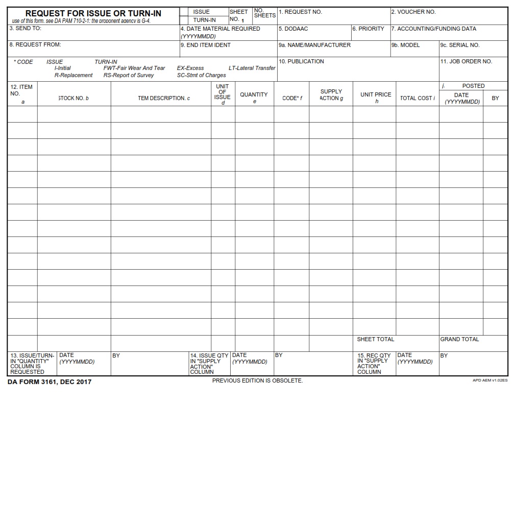 DA Form 3161 - Request For Issue Or Turn-In | Free Online Forms