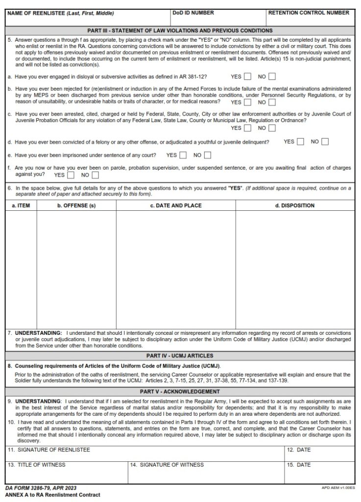 DA Form 328679 Statements For Reenlistment Free Online Forms