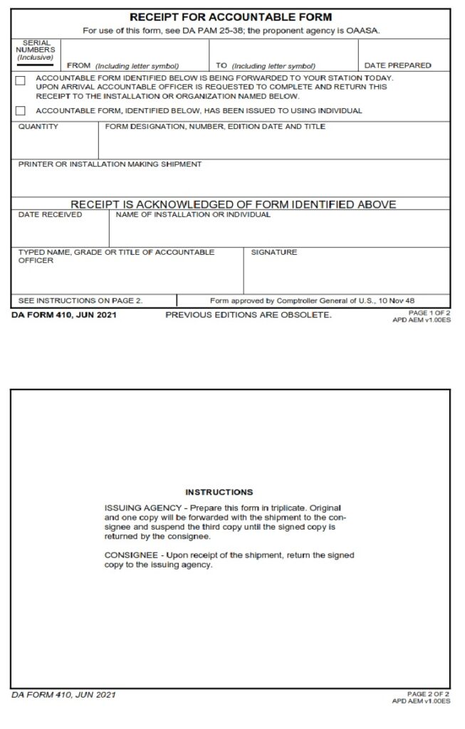 Da Form 410 Receipt For Accountable Form Free Online Forms