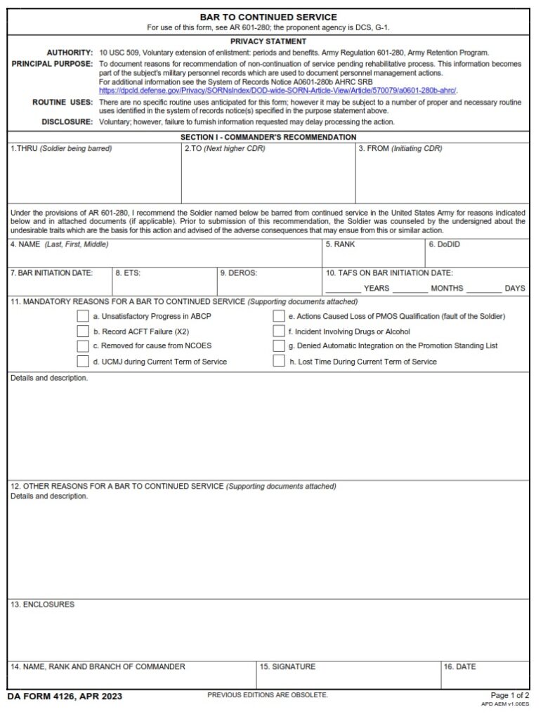 DA Form 4126 - Bar To Continued Service | Free Online Forms