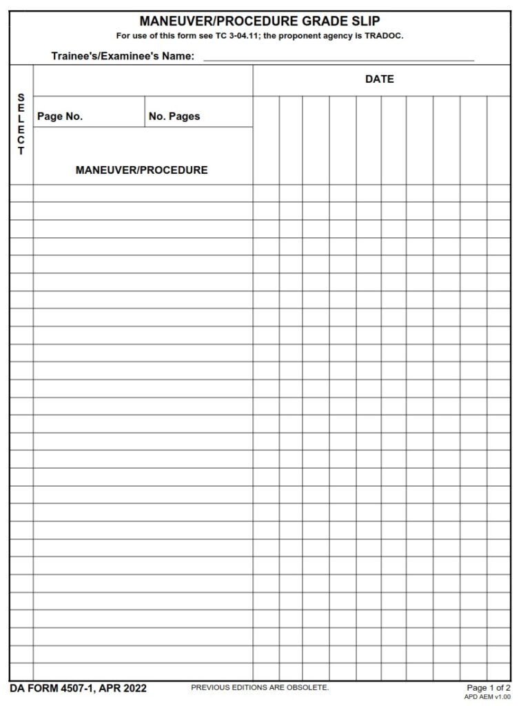 DA Form 45071 Maneuver/Procedure Grade Slip Free Online Forms