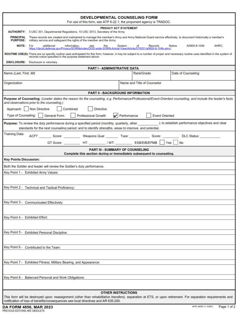 DA Form 4856 Developmental Counseling Form Free Online Forms