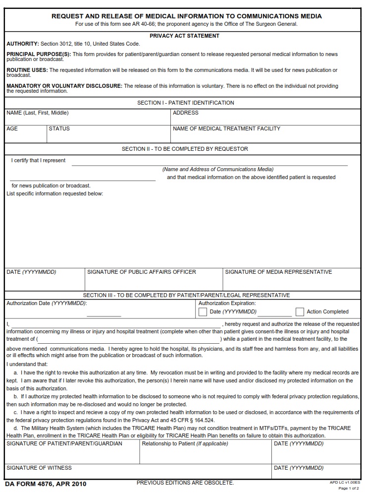 DA Form 4876 - Page 1