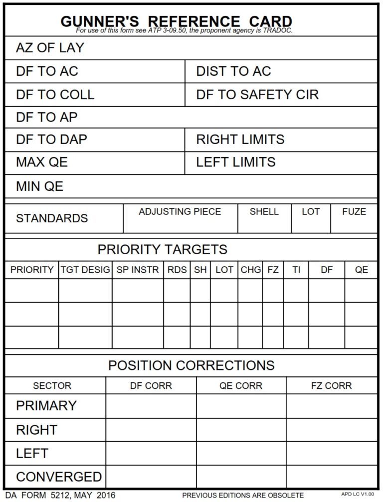 DA Form 5212 - Gunner`s Reference Card | Free Online Forms