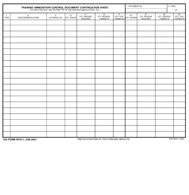 DA Form 5515-1 - Training Ammunition Control Document Continuation ...