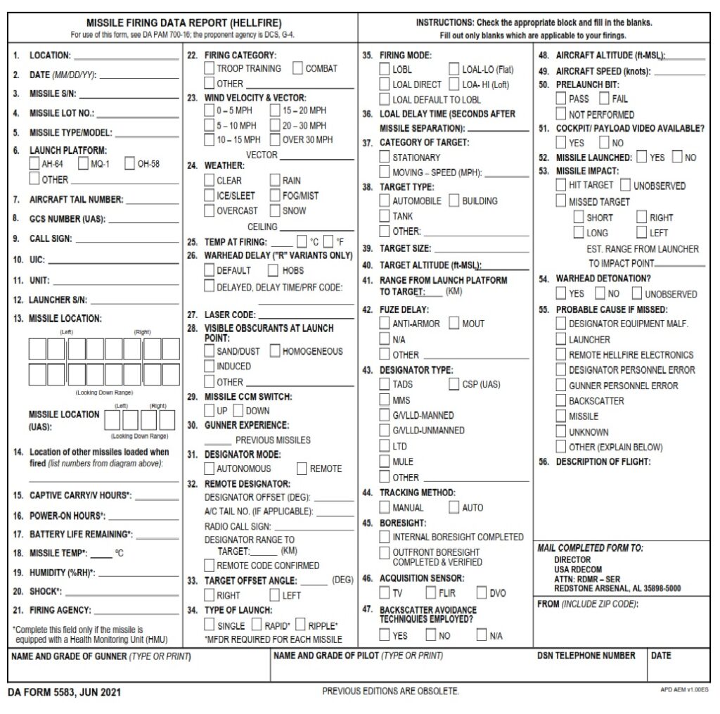 DA Form 5583 - Missile Firing Data Report (Hellfire) | Free Online Forms