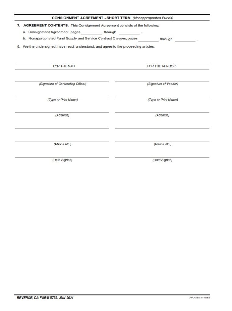 DA Form 5755 - Consignment Agreement (Nonappropriated Funds) | Free ...