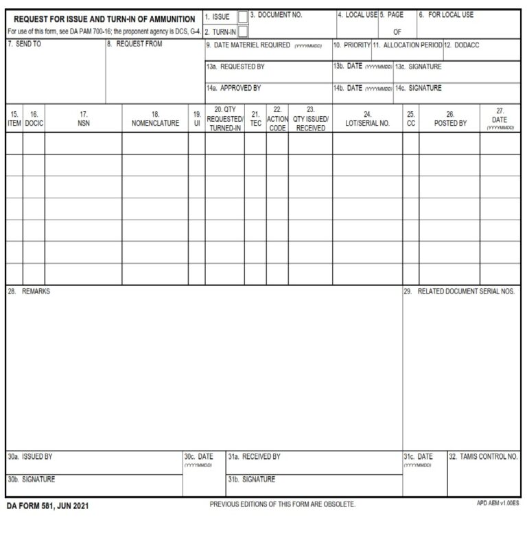 DA Form 581 - Request For Issue And Turn-In Of Ammunition | Free Online ...