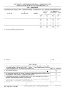 DA Form 5811 - Certificate - Lost Or Damaged Class 5 Ammunition Items ...