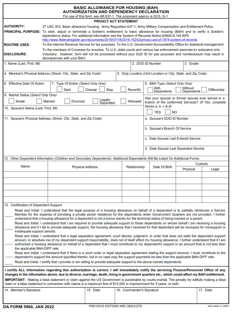 DA Form 5960 Basic Allowance For Housing (BAH) Authorization And