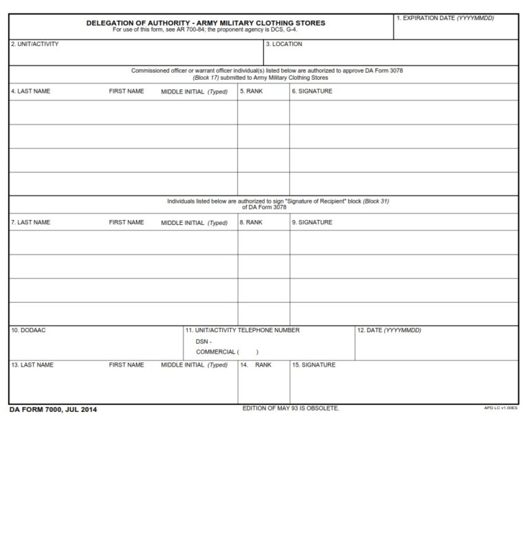 DA Form 7000 - Delegation Of Authority - Army Military Clothing Stores ...