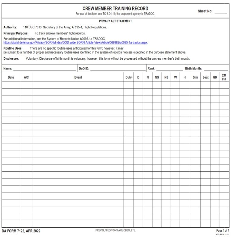 DA Form 7122 - Crew Member Training Record | Free Online Forms