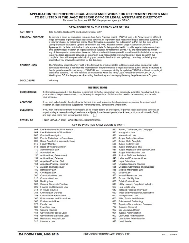 Da Application Number Example DA Form 7206 - Application To Perform Legal Assistance Work For ...