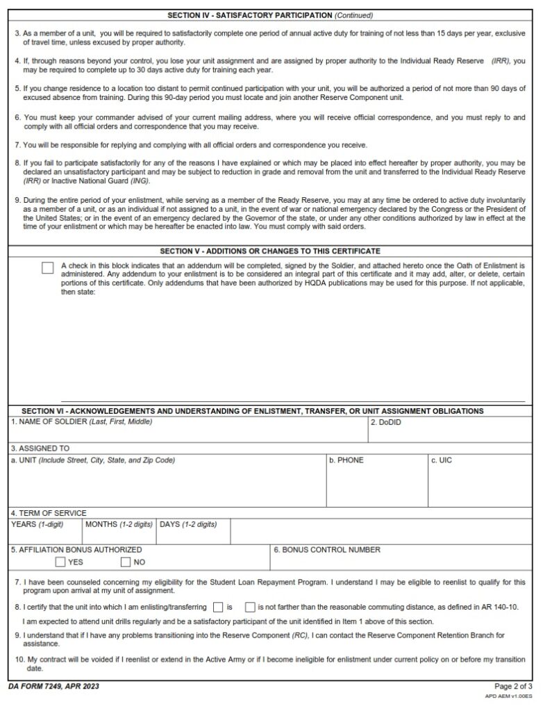 DA Form 7249 - Certificate And Acknowledgment Of Service Requirements ...