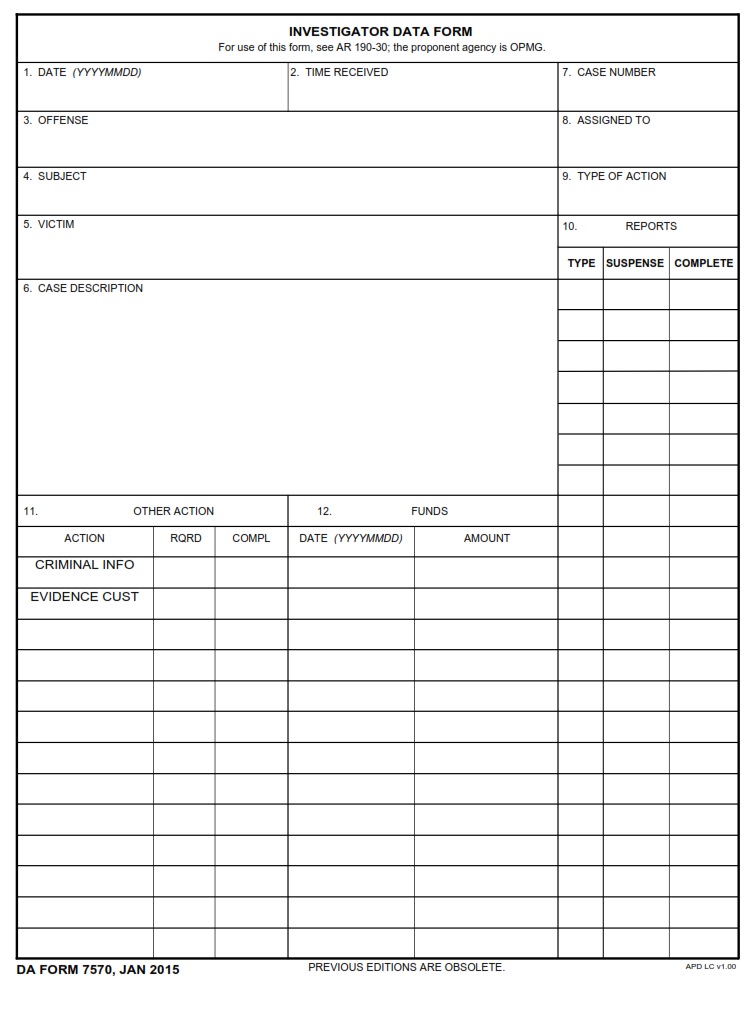 DA Form 7570 - Investigator Data Form | Free Online Forms