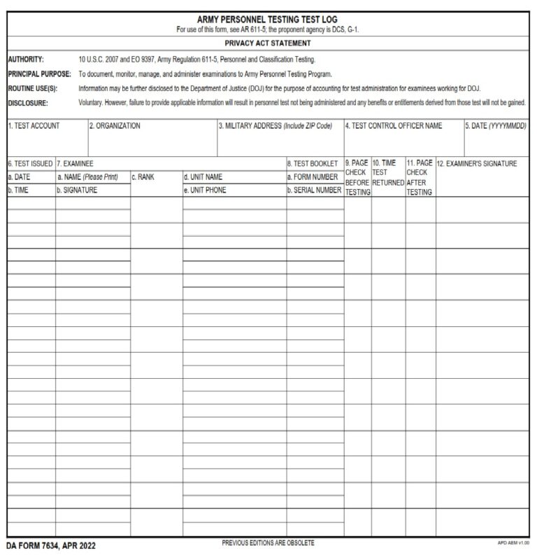 DA Form 7634 - Army Personnel Testing Test Log | Free Online Forms