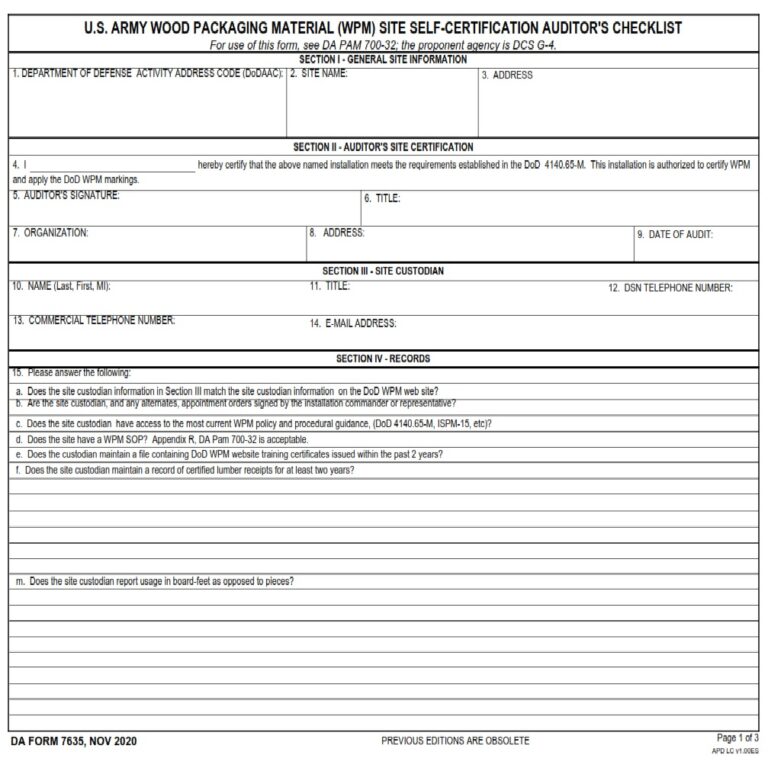 DA Form 7635 - U.S. Army Wood Packaging Material (WPM) Site Self ...