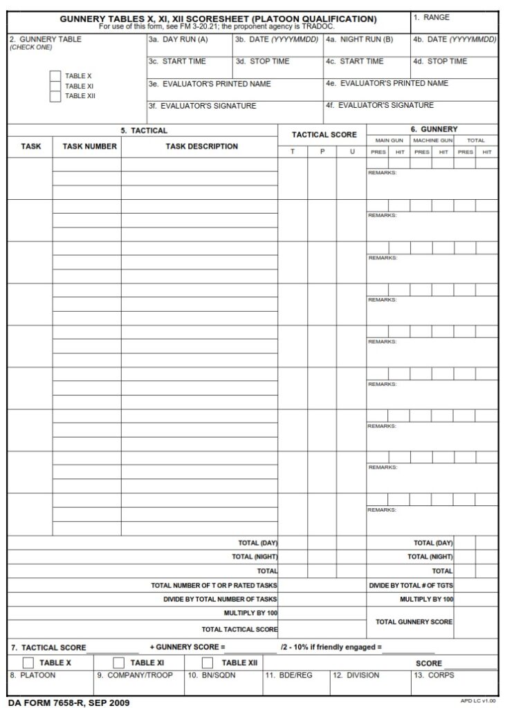 DA Form 7658-R - Gunnery Tables X, XI, XII Scoresheet (Platoon ...