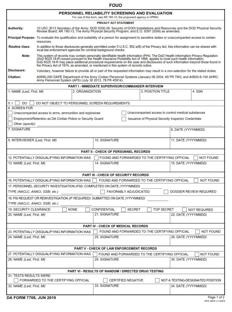 DA Form 7708 - Personnel Reliability Screening And Evaluation | Free ...