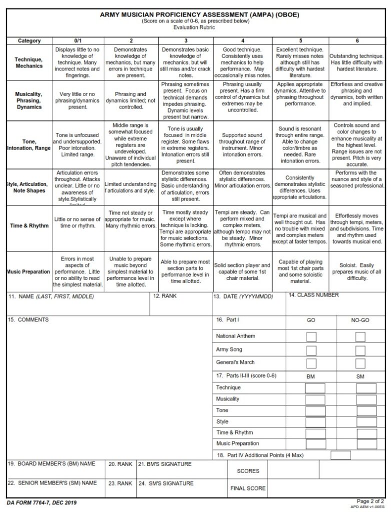 DA Form 7764-7 - Army Musician Proficiency Assessment (AMPA) (Oboe ...