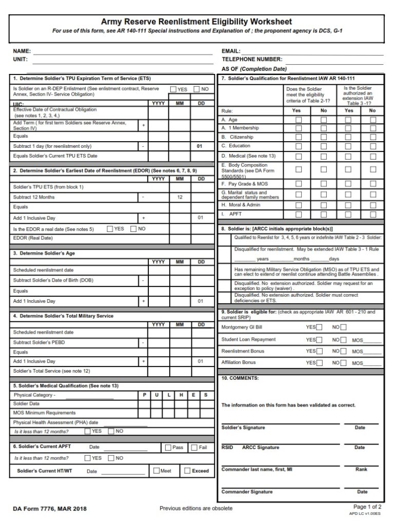 DA Form 7776 - Army Reserve Reenlistment Eligibility Worksheet | Free ...