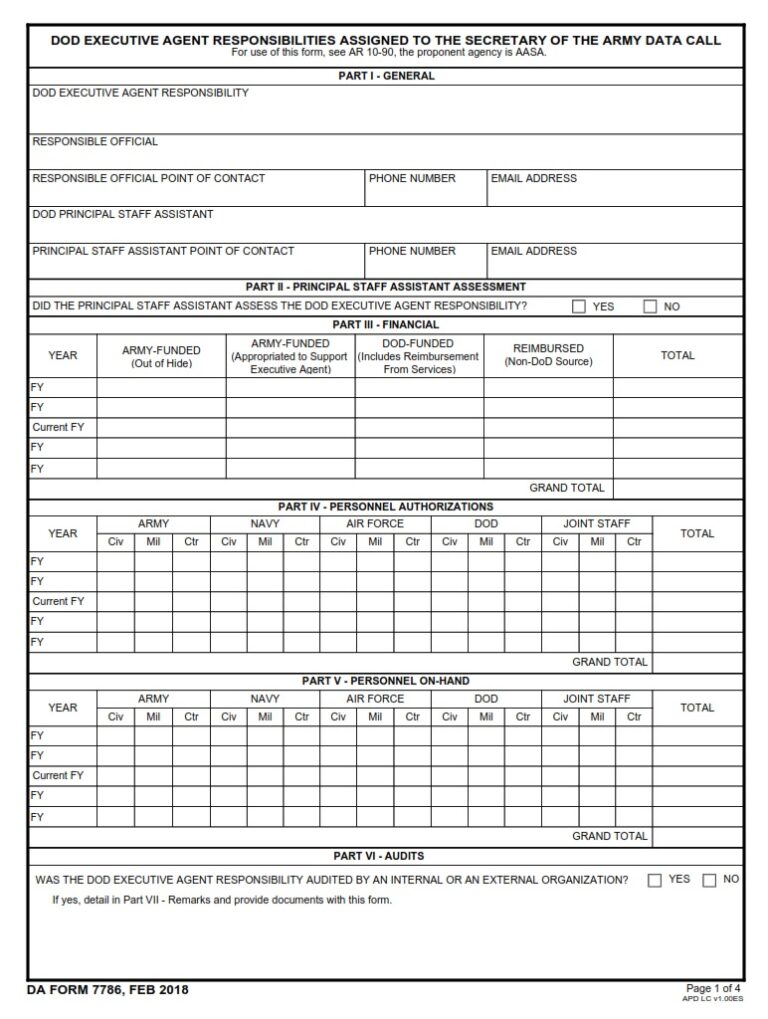 DA Form 7786 - DoD Executive Agent Responsibilities Assigned To The ...