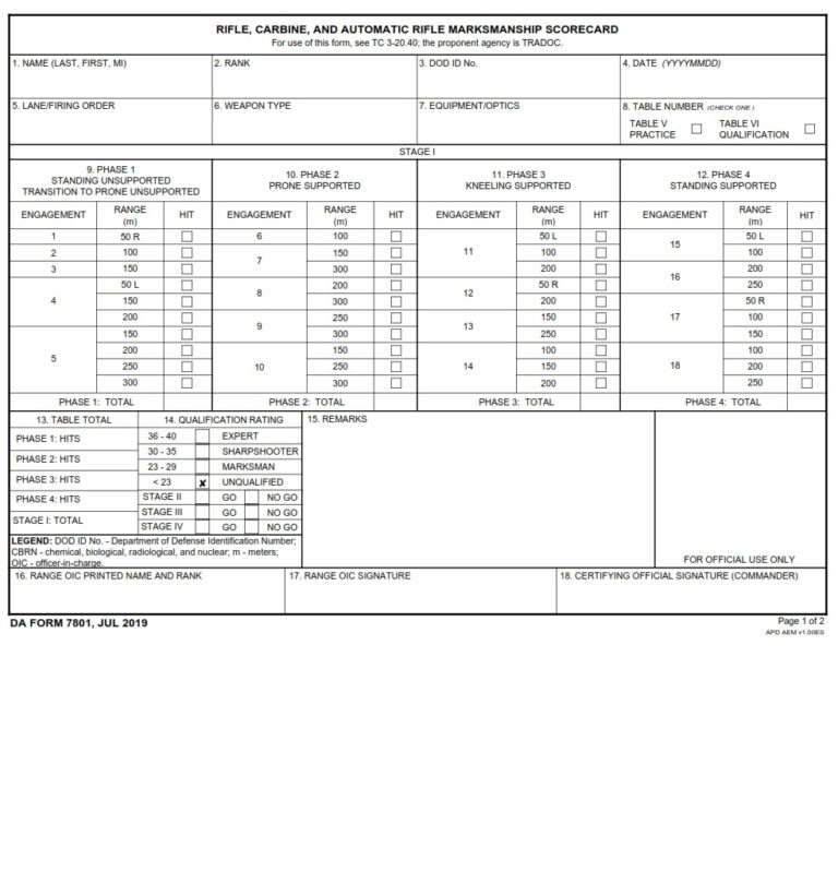 DA Form 7801 - Rifle, Carbine, And Automatic Rifle Marksmanship ...