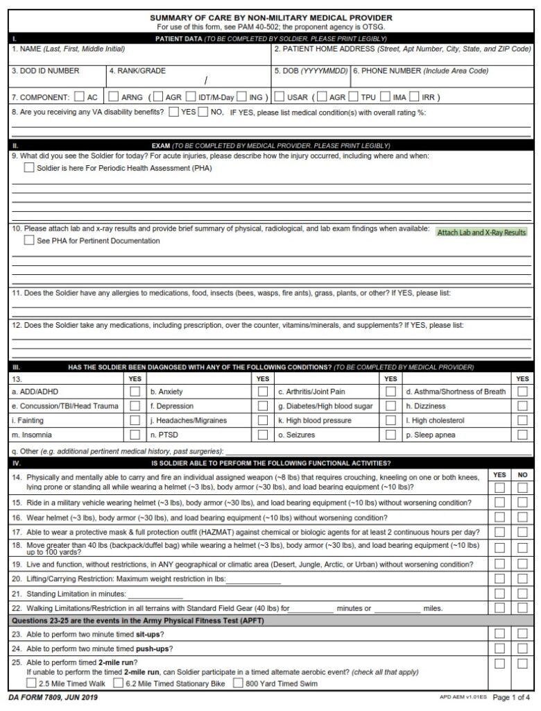 DA Form 7809 - Summary Of Care By Non-Military Medical Provider | Free ...