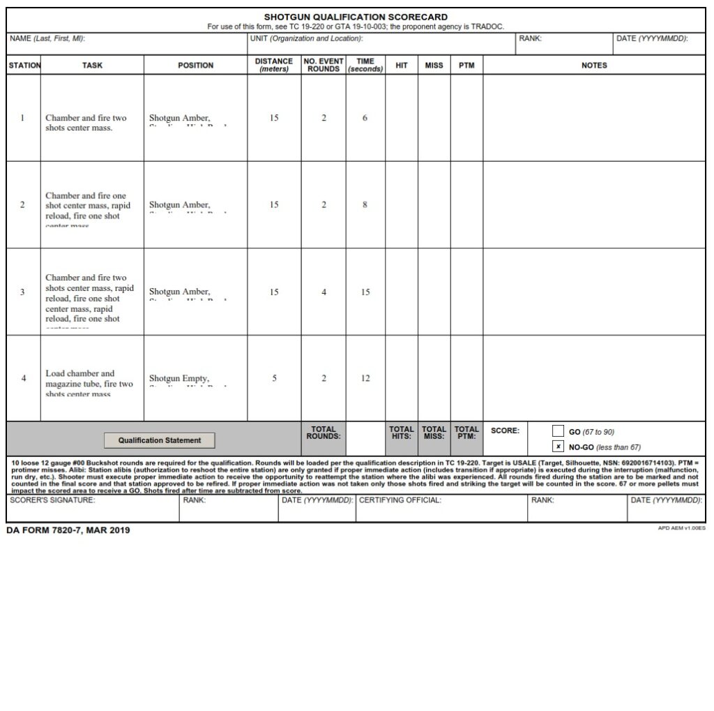 Da Form 7820 7 Shotgun Qualification Scorecard Free Online Forms