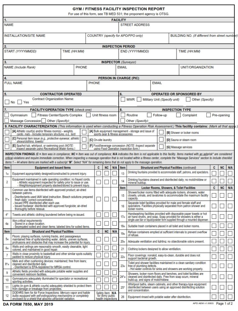 Da Form 7850 - Gym   Fitness Facility Inspection Report 