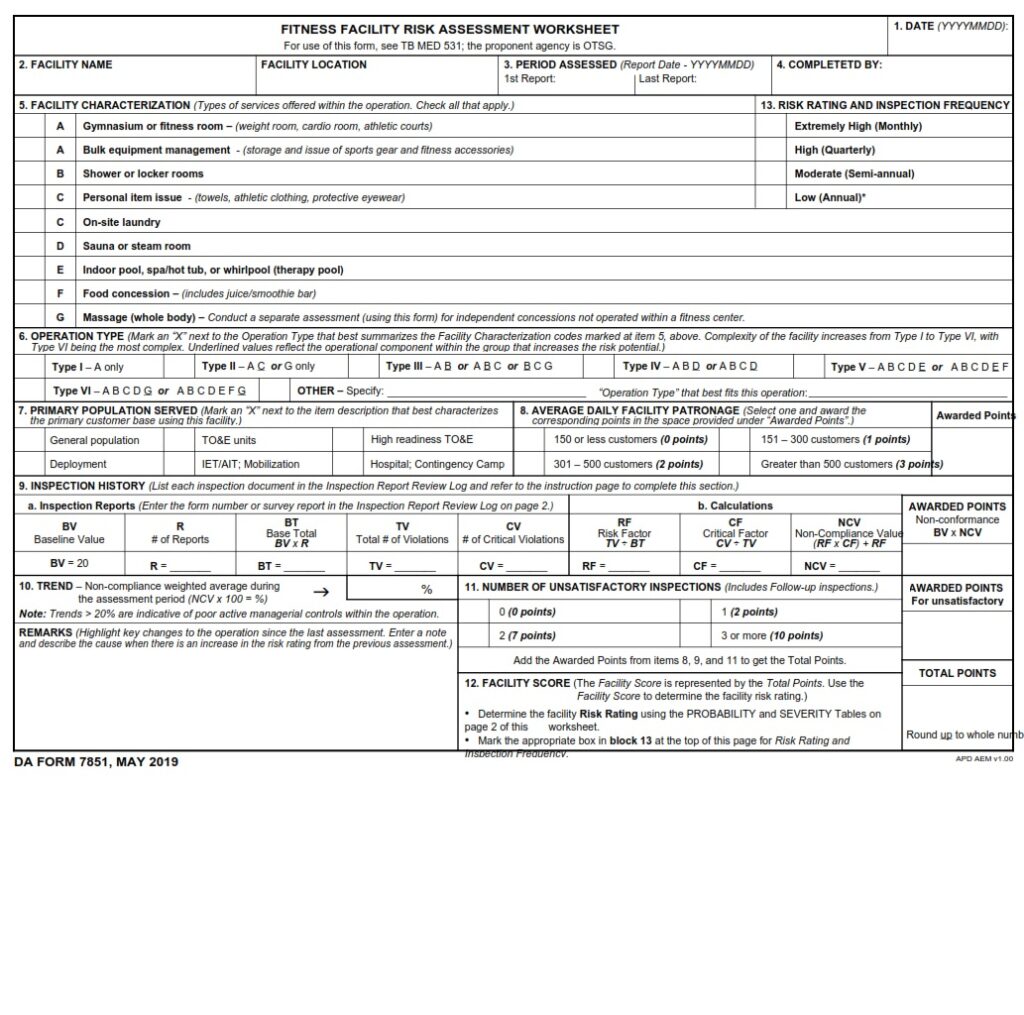 DA Form 7851 - Fitness Facility Risk Assessment Worksheet | Free Online ...