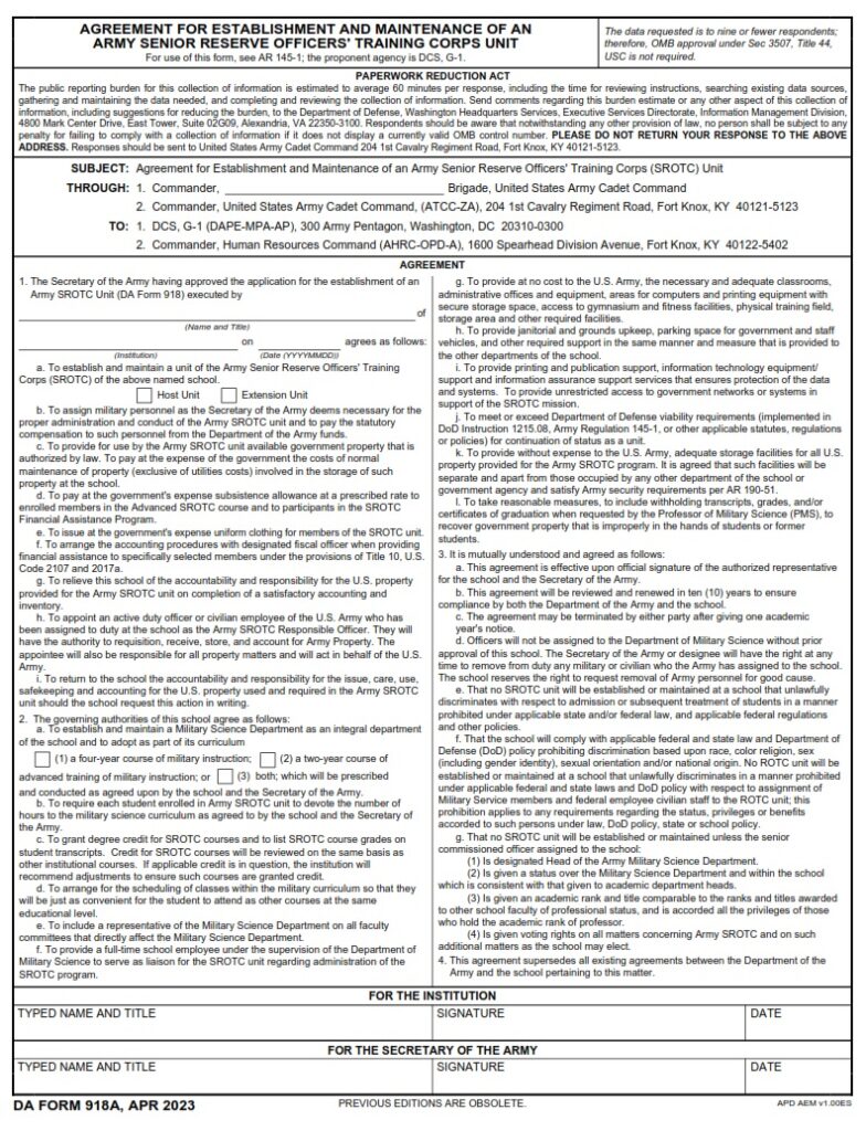 DA Form 918A - Agreement For Establishment And Maintenance Of An Army ...