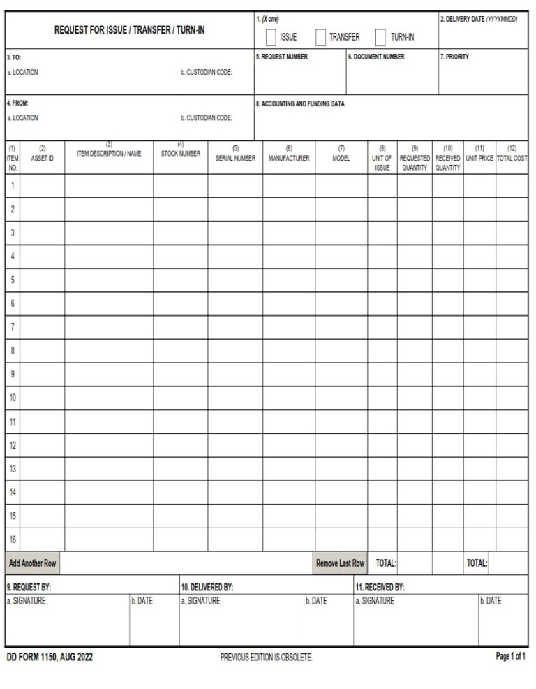 DD Form 1150 - Request For Issue / Transfer / Turn-in | Free Online Forms